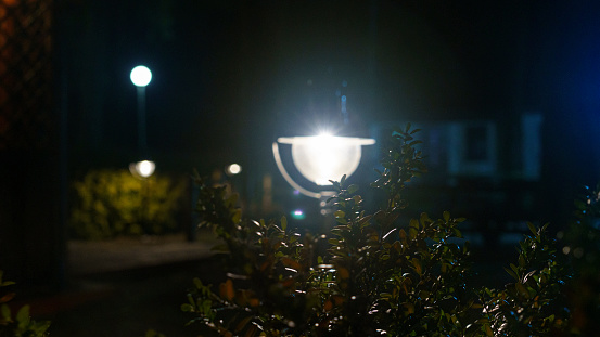 The backdrop is Bush that little light. Magic street lamp close-up with copyspace. Warm lantern light on a night background.