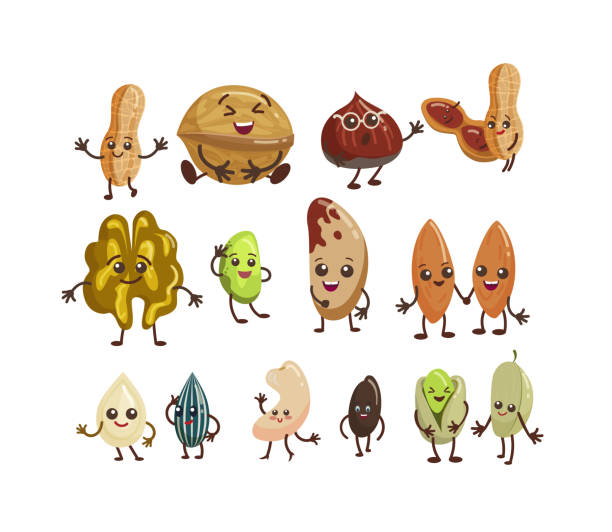 Cute nut characters flat icon set Cute nut characters flat icon set. Cartoon funny walnut, pistachio peanut, hazelnut, almond and pecan isolated vector illustration collection. Nature and mascot concept pecan icon stock illustrations