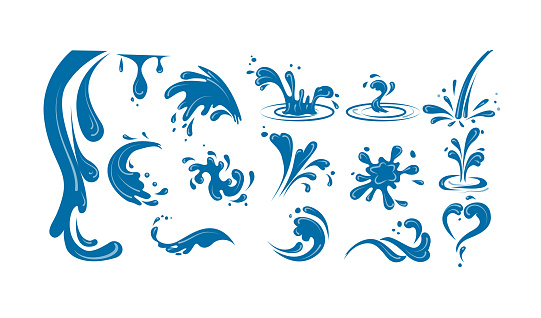 Water splashes flat icon set. Cartoon fountain waves, sea shapes and shape surface isolated vector illustration collection. Raindrops and nature concept