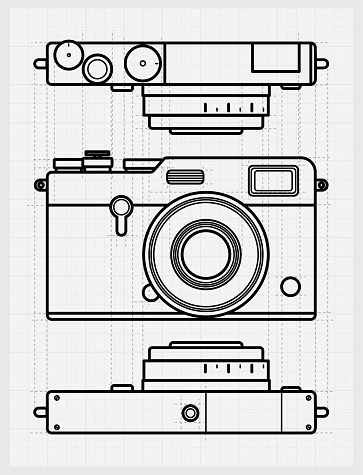 Black and white blueprint retro camera sketch