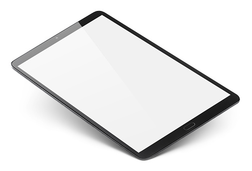 Black tablet with blank screen, isolated on white background