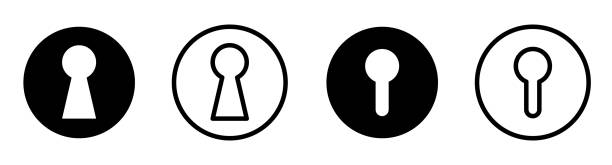 ilustrações, clipart, desenhos animados e ícones de ícones de fechadura definem design. coleção de ícones de bloqueio, silhueta de cadeado. porta, fechadura, chave plana símbolo simples - keyhole