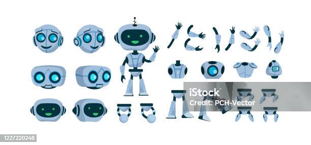 Futuristische Roboterkonstruktor Flache Iconset Stock Vektor Art und mehr Bilder von Roboter - Roboter, Charakterkopf, Comic - Kunstwerk