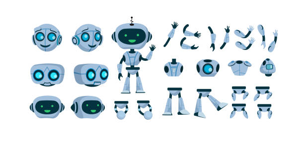 ilustraciones, imágenes clip art, dibujos animados e iconos de stock de conjunto de icono plano robot futurista - robot