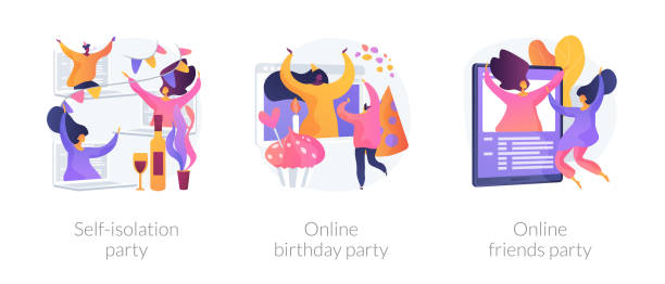 Self-isolation spare time vector concept metaphors. Spare time ideas for self-isolation in Covid-2019 quarantine icons set. Self-isolation party, online birthday party, online friends party metaphors. Vector isolated concept metaphor illustrations virtual birthday celebration stock illustrations