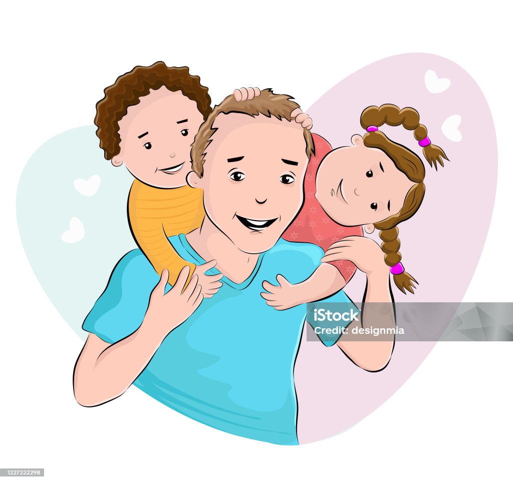 Cartoon Colored Vector Illustration Of Little Girl And A Boy Hugging Their  Fathers Neck And Showing Their Deep Love To Their Father Happy Fathers Day  Stock Illustration - Download Image Now - iStock