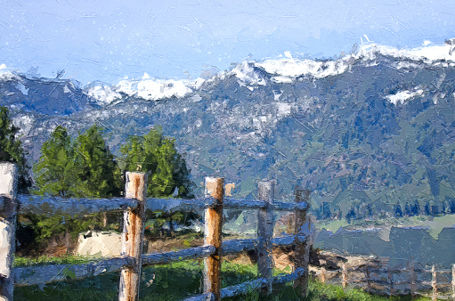 Digital painting of a dry stone wall cuts through the vista of green trees, fields and hills in the Peak District National park. The flat top of Shuttlingsloe can be seen in the distance.