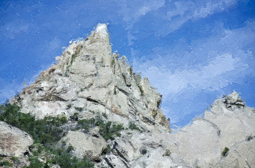 A rocky ridge against the blue sky. The top of the canyon with trees and shrubs. Hiking, traveling. Digital watercolor painting