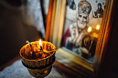 Religion. Old antique  orthodox icon and lamp