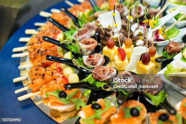 Plate With Canapes And Snacks Close Up Stock Photo - Download Image Now - Buffet, Hotel, Appetizer