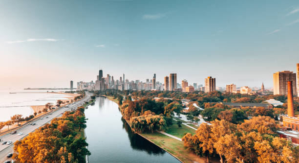 공원에서 시카고 스카이 라인 - chicago skyline illinois downtown district 뉴스 사진 이미지