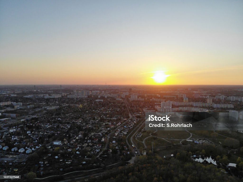 Sunset at Berlin satelite town Marzahn Hellersdorf from Wolkenhain platform Kienbergpark Berlin Stock Photo