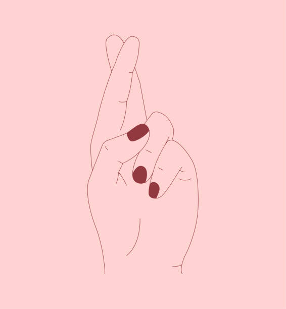 Line drawing of a woman crossing her fingers Line drawing of a woman crossing her fingers in a sign of good luck over a pink background, colored vector illustration fingers crossed illustrations stock illustrations