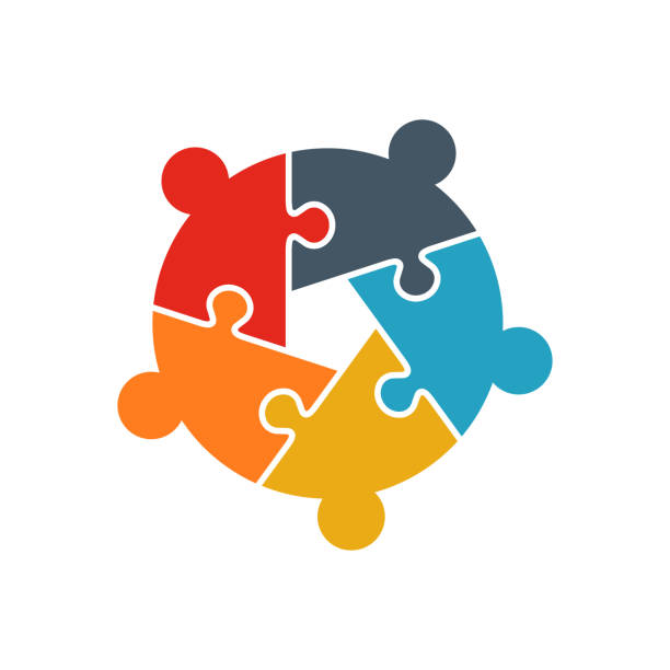 ilustrações de stock, clip art, desenhos animados e ícones de teamwork people jigsaw puzzle five person pieces logo. team building concept. people business group - puzzle jigsaw puzzle jigsaw piece part of