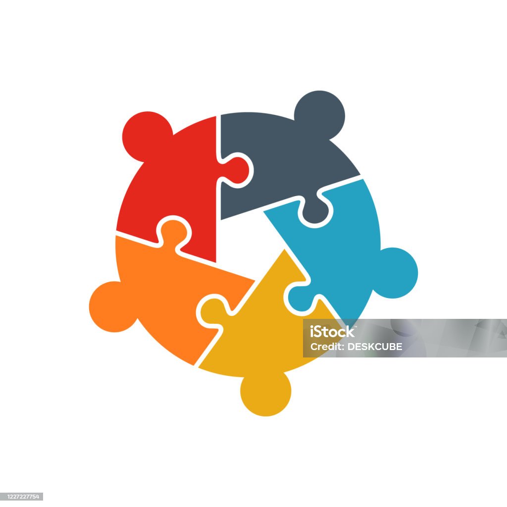 Teamwork People jigsaw puzzle five person pieces logo. Team Building concept. People business group Teamwork People like jigsaw puzzle pieces in business activities to achieve Icon stock vector