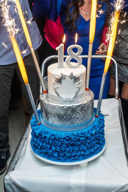 istock 18 birthday party. Firework on the birthday cake with number 18. 1227228751