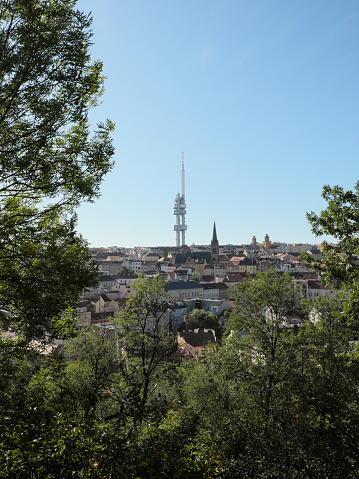Zizkov Television Tower. Cityscape of Prague. View of Prague from the Vitkovsky hill.