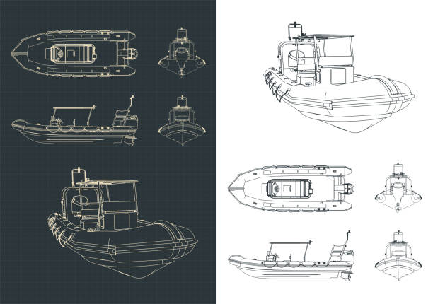 Rigid Inflatable Boat Drawings Stylized vector illustration of rigid inflatable boat drawings motorboat maintenance stock illustrations
