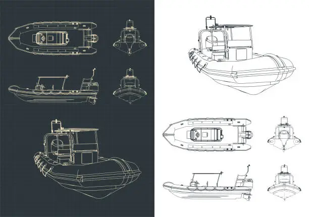Vector illustration of Rigid Inflatable Boat Drawings