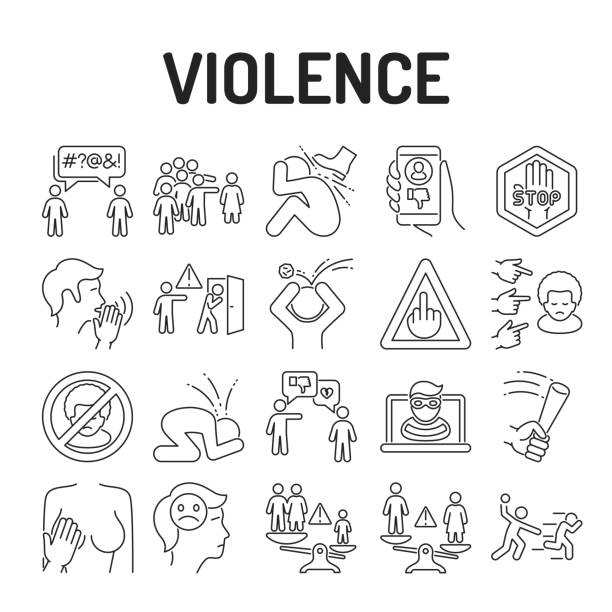 Violence black line icons set. Harassment, social abuse and bullying. Isolated vector element. Outline pictograms for web page, mobile app, promo Violence black line icons set. Harassment, social abuse and bullying. Isolated vector element. Outline pictograms for web page, mobile app, promo. prejudice stock illustrations