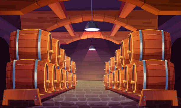 Vector wooden barrels with wine in cellar Wood barrels for wine or beer in cellar. Cask from oak wood on stand in storage room of brewery or winery. Vector realistic interior of basement with keg for whiskey, rum or cognac wine and oenology graphic stock illustrations