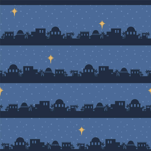 Vector Blue Bethlehem Skyline Silhouette Seamless Pattern Background Vector Blue Bethlehem Skyline Silhouette Seamless Pattern Background. Perfect for Christmas fabric, scrapbooking, kids, stationery, and home décor projects. Coordinates with my nativity patterns. bethlehem star stock illustrations