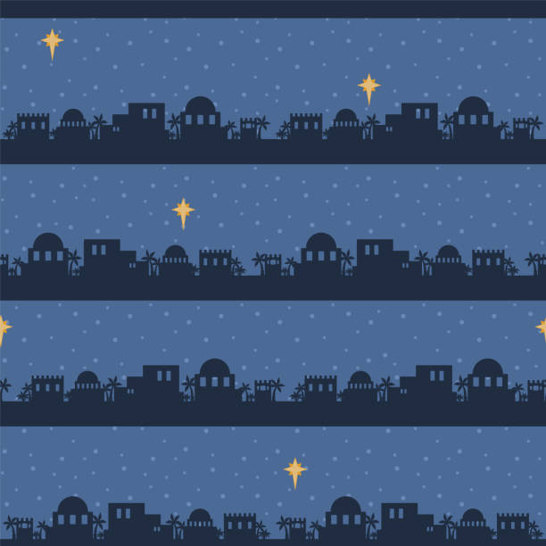 Vector Blue Bethlehem Skyline Silhouette Seamless Pattern Background Vector Blue Bethlehem Skyline Silhouette Seamless Pattern Background. Perfect for Christmas fabric, scrapbooking, kids, stationery, and home décor projects. Coordinates with my nativity patterns. bethlehem west bank stock illustrations