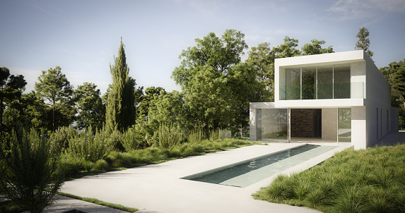 Digitally generated contemporary fashionable villa with a minimalist design.\n\nThe scene was rendered with photorealistic shaders and lighting in Corona Renderer 5 for Autodesk® 3ds Max 2020 with some post-production added.