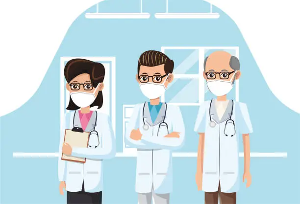 Vector illustration of group of doctors wearing medical masks