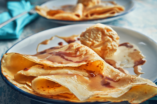 homemade healthy breakfast:Crepes stuffed with chicken meat and pickled cucumbers