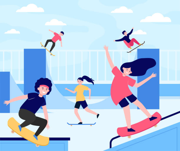 ilustrações, clipart, desenhos animados e ícones de ilustração de vetor plano de skate extremo divertido - skateboard park skateboarding skateboard adolescence