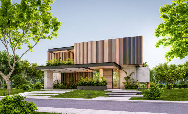 istock 3d rendering of modern house with wood plank facade in evening 1227236303