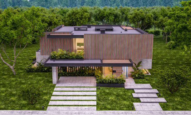 istock 3d rendering of modern house with wood plank facade in evening 1227236341