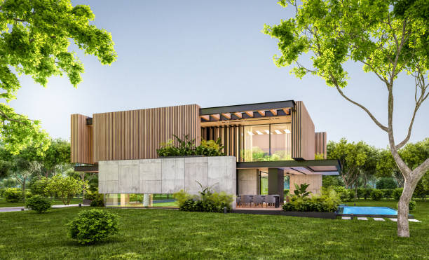 istock 3d rendering of modern house with wood plank facade in evening 1227236359