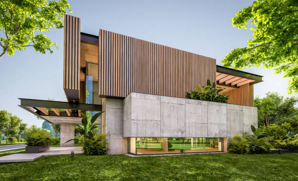 istock 3d rendering of modern house with wood plank facade in evening 1227236362
