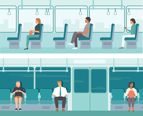 Urban public transport. Passengers inside tube car, bus or tram. City Passengers Transportation. Social distancing after coronavirus COVID-19 quarantine. Flat vector illustration set