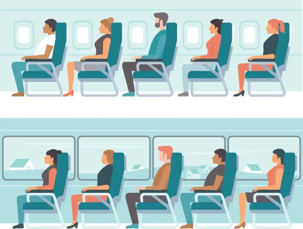 Vector illustration of People traveling. Passengers seating in airplane. Travellers in a intercity coach bus. Road trip. Travel and tourism concept.