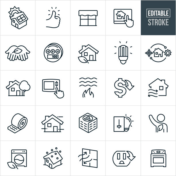 A set of home energy conservation icons that include editable strokes or outlines using the EPS vector file. The icons include a house with solar panels, thumbs up, window, home automation system, hand with leaf, power meter, house with leaf, cfl light bulb, LED lightbulb, heating and cooling, house with tree, thermostat, flame heating water, cost down, insulation, air conditioner, light switch, washing machine, house in snowstorm, energy efficient appliances, energy efficient window, outlet, oven