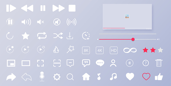 Interface buttons. Mobile ui/ux social speech bubbles. Media player icons.
