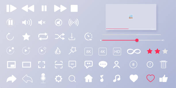 Interface buttons. Mobile ui/ux social speech bubbles. Media player icons. Modern flat video player interface. Vector illustration Interface buttons. Mobile ui/ux social speech bubbles. Media player icons. music stock illustrations