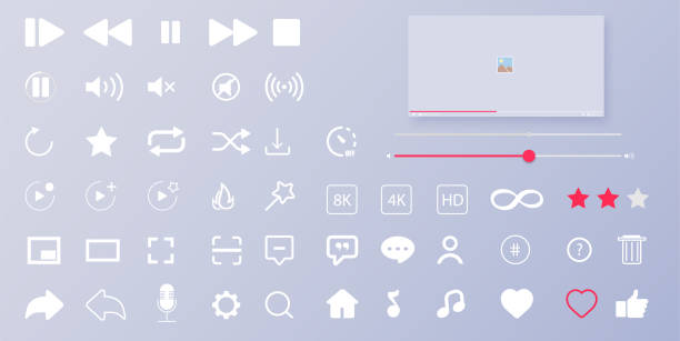 Interface buttons. Mobile ui/ux social speech bubbles. Media player icons. Modern flat video player interface. Vector illustration Interface buttons. Mobile ui/ux social speech bubbles. Media player icons. personal stereo stock illustrations