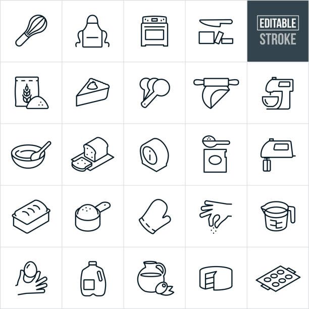 Baking Thin Line Icons - Editable Stroke A set of baking icons that include editable strokes or outlines using the EPS vector file. The icons include a wire whisk, apron, oven, stove, butter, cooking ingredients, bag of flour, baked pie, measuring spoons, rolling pin, mixer, mixing bowl with spoon, loaf of bread, timer, baking soda, hand mixer, baked bread, cup of flour, oven mitt, measuring of baking ingredients, measuring cup, egg, milk, olive oil, baked cake, muffin tin and other related icons. mixing bowl icon stock illustrations