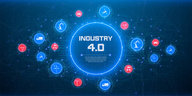 Concept of Industry 4.0. Automation, the flow of the icons, data exchange technology in production. Internet of things (IoT) networking concept for connected devices. Spider web of network connections Concept of Industry 4.0. Automation, the flow of the icons, data exchange technology in production. industry and manufacturing infographics stock illustrations