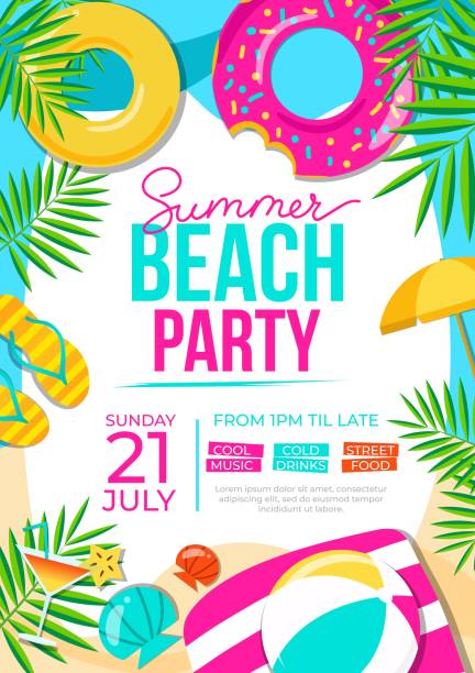 sommer-strand-party-plakat. sommer-party bunte einladung. vektor-sommerhintergrund - beach party stock-grafiken, -clipart, -cartoons und -symbole