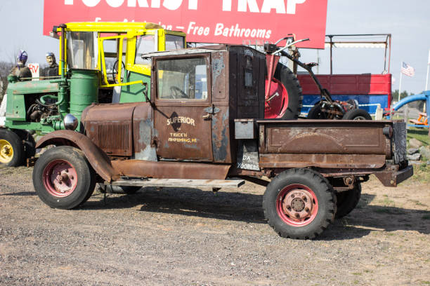 Ishpeming, Michigan, USA - May 7, 2015: Antique truck on display at the Yoopers Tourist Trap in the Upper Peninsula of Michigan. The store and museum have satirical comedic displays on the local culture and life in the Upper Peninsula.