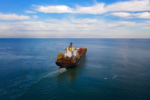 istock Aerial view of cargo ship in transit. 1227240308
