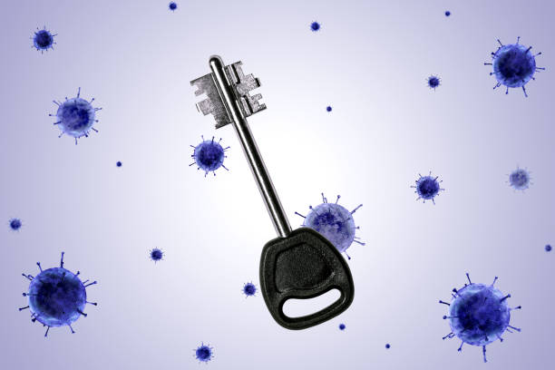 istock Precautions for Coronavirus, Covid-19. The large key is surrounded by blue bacteria. Horizontal frame 1227241239