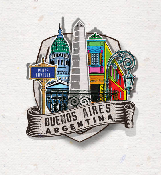 Badge of Buenos Aires Argentina with important buildings and symbols Badge of Buenos Aires Argentina with important buildings : Congreso - La Boca - Obelisco - Caminito watercolor lantern set stock illustrations