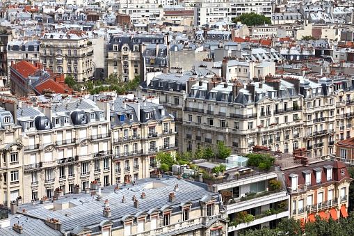 Cityscape of Paris - aerial view of apartment buildings.