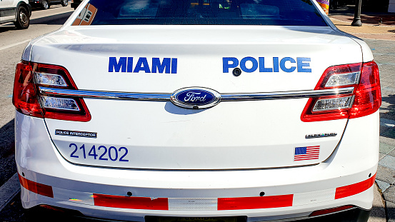 Police car of Miami Police Department (MPD) in Miami, FL, USA. Back shot